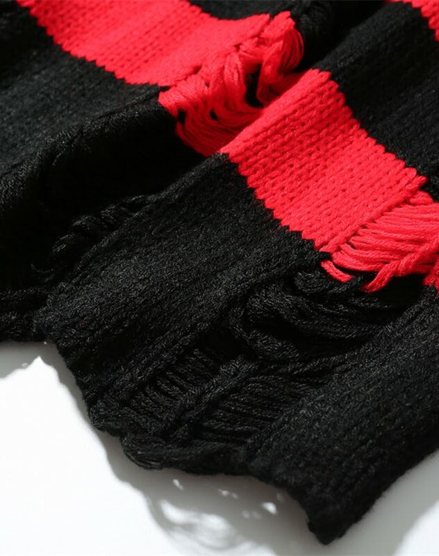 Red And Black Ripped Striped Sweater