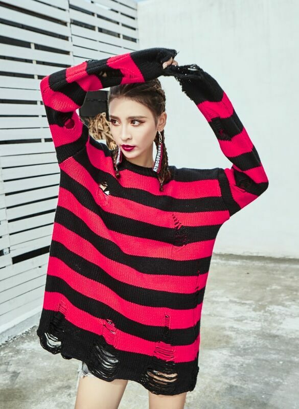 Red And Black Ripped Striped Sweater