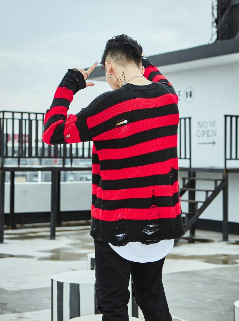 Red And Black Ripped Striped Sweater