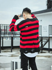 Red And Black Ripped Striped Sweater