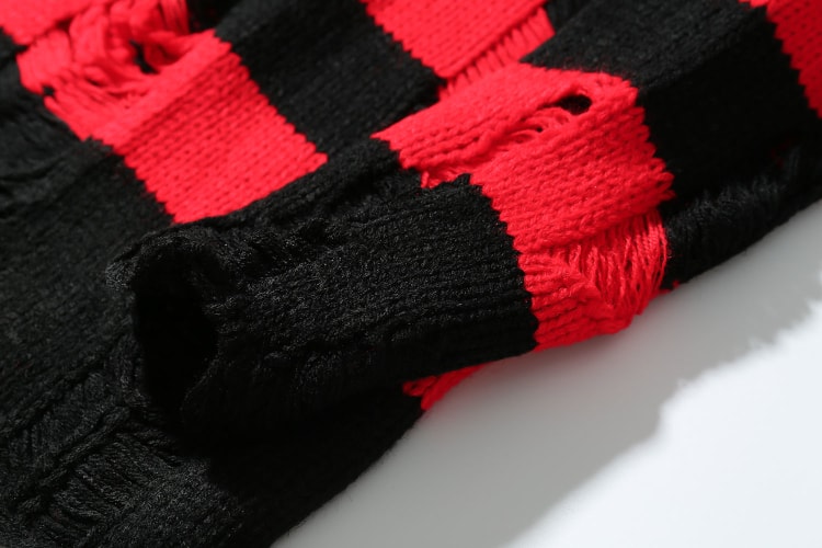 Red And Black Ripped Striped Sweater