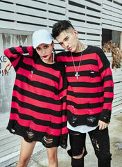Red And Black Ripped Striped Sweater