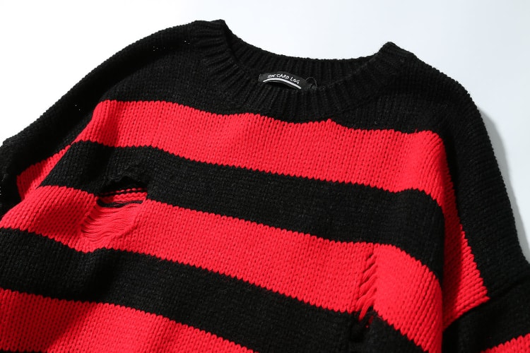 Red And Black Ripped Striped Sweater
