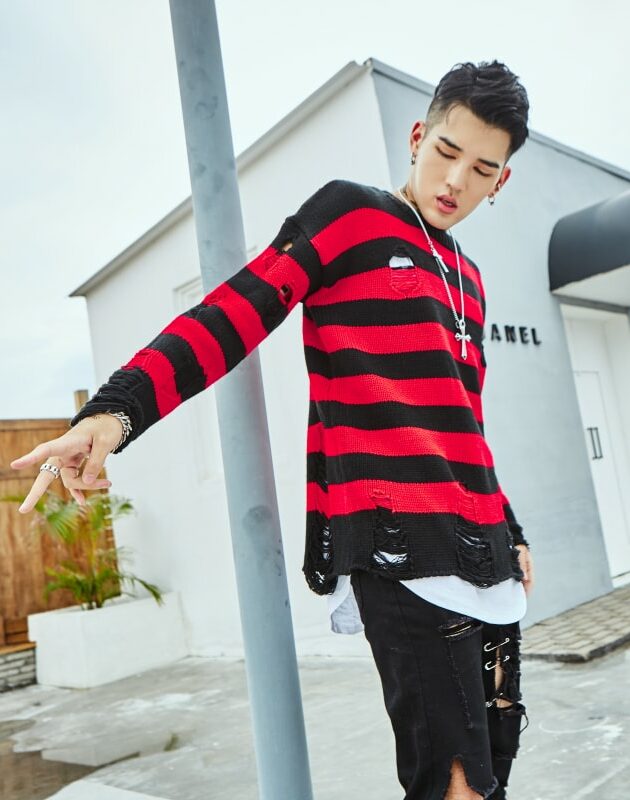 Red And Black Ripped Striped Sweater