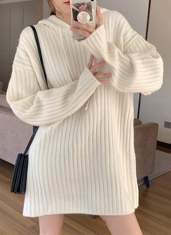 Grey Hooded Ribbed Sweater Dress