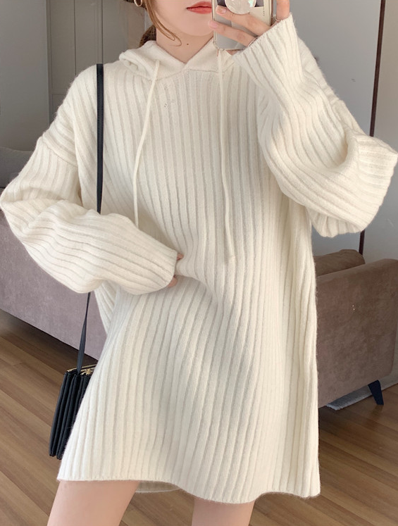 Grey Hooded Ribbed Sweater Dress