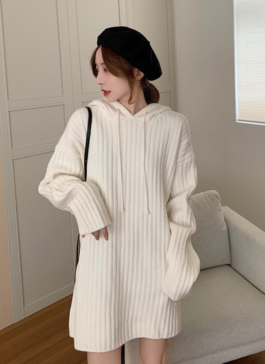 Grey Hooded Ribbed Sweater Dress