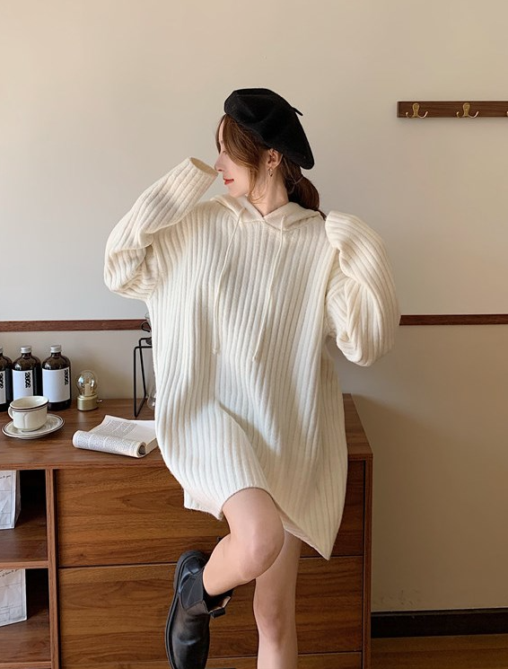 Grey Hooded Ribbed Sweater Dress