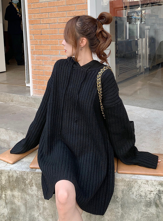 Grey Hooded Ribbed Sweater Dress