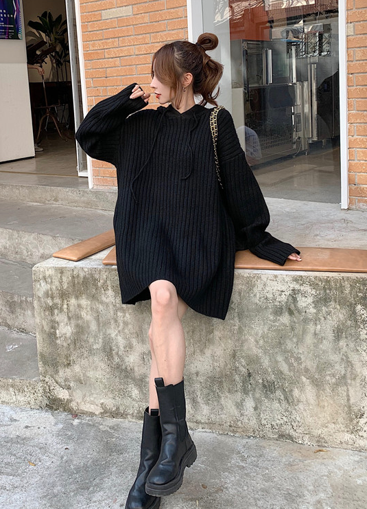 Grey Hooded Ribbed Sweater Dress