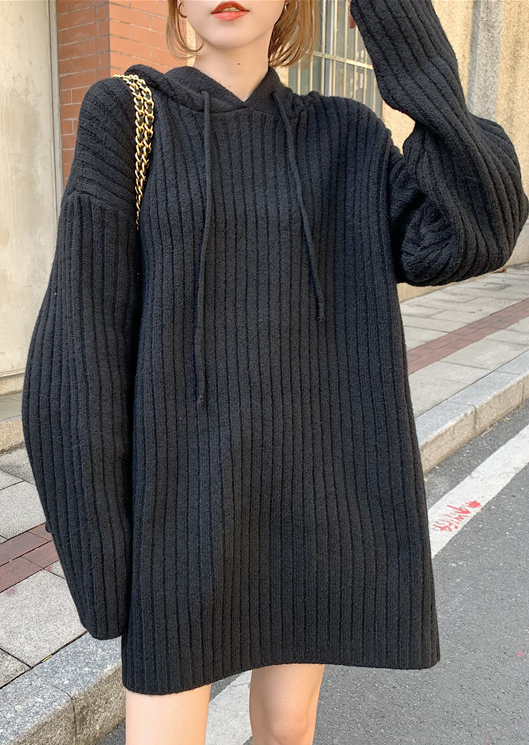 Grey Hooded Ribbed Sweater Dress