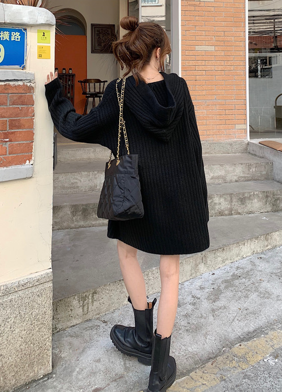 Grey Hooded Ribbed Sweater Dress