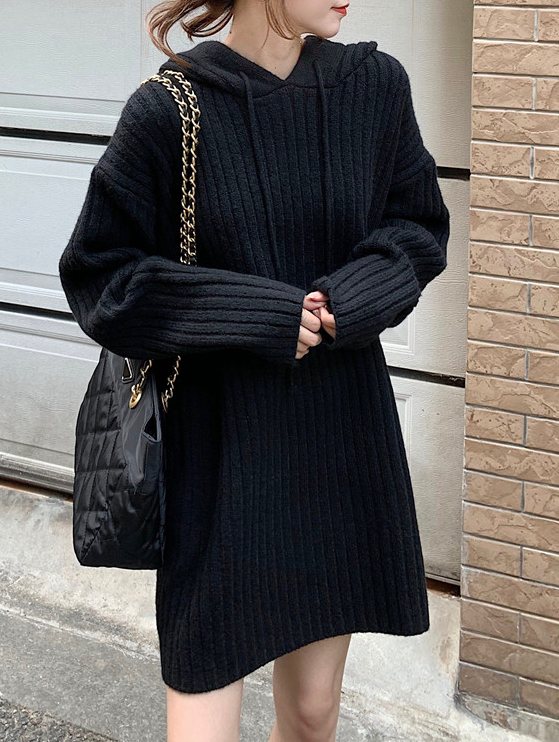 Grey Hooded Ribbed Sweater Dress