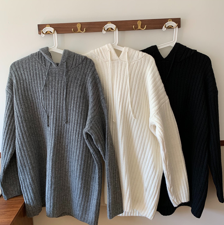 Grey Hooded Ribbed Sweater Dress