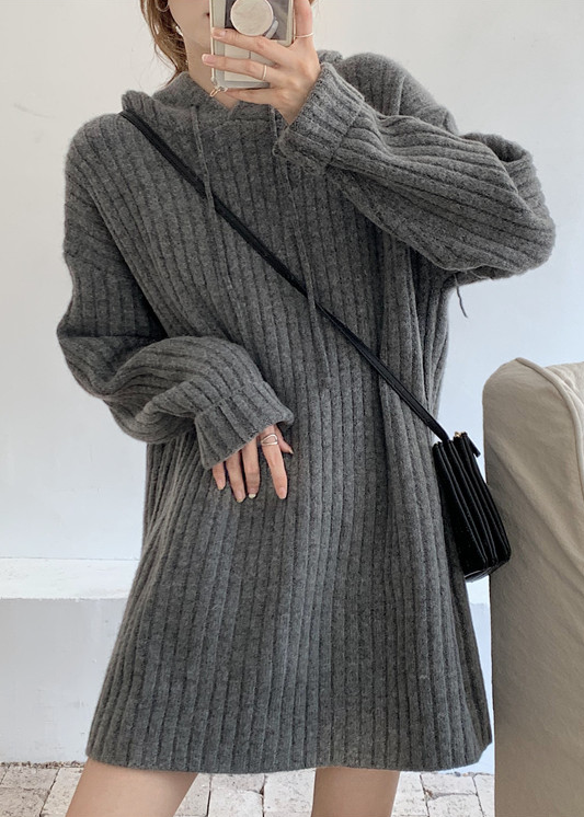 Grey Hooded Ribbed Sweater Dress