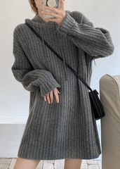 Grey Hooded Ribbed Sweater Dress
