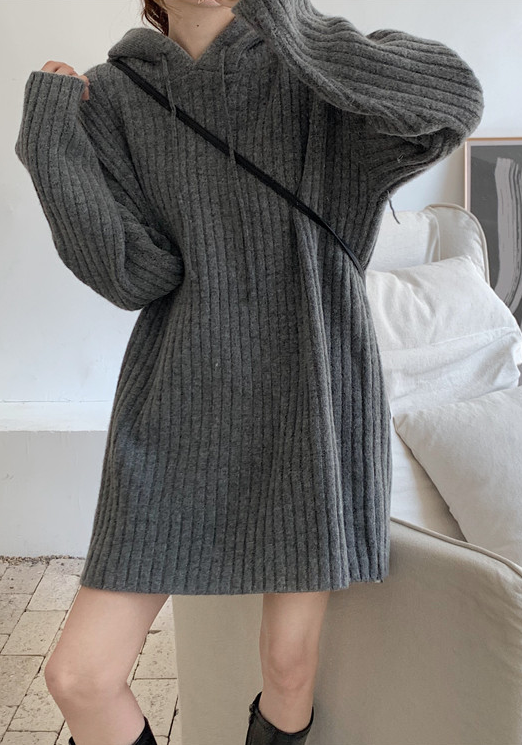 Grey Hooded Ribbed Sweater Dress