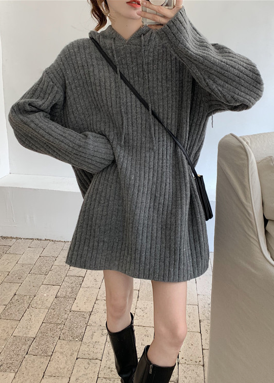 Grey Hooded Ribbed Sweater Dress