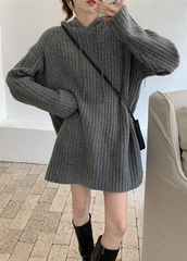 Grey Hooded Ribbed Sweater Dress