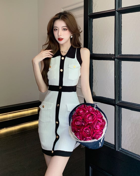 White Collared Knit Dress With Button Accents