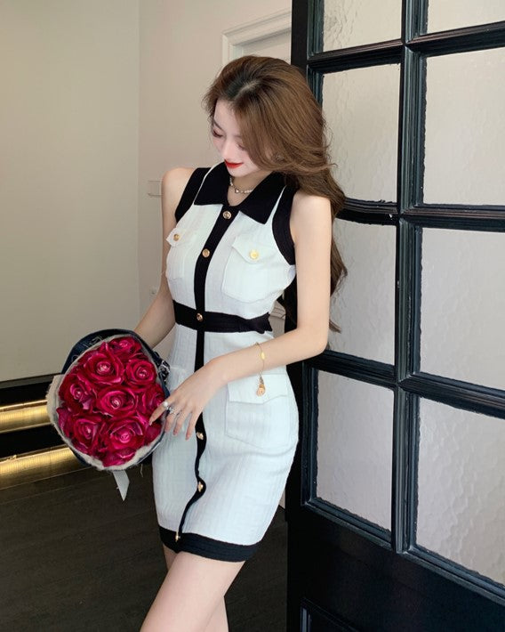 White Collared Knit Dress With Button Accents