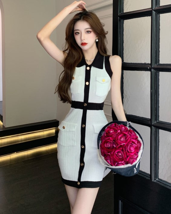 White Collared Knit Dress With Button Accents