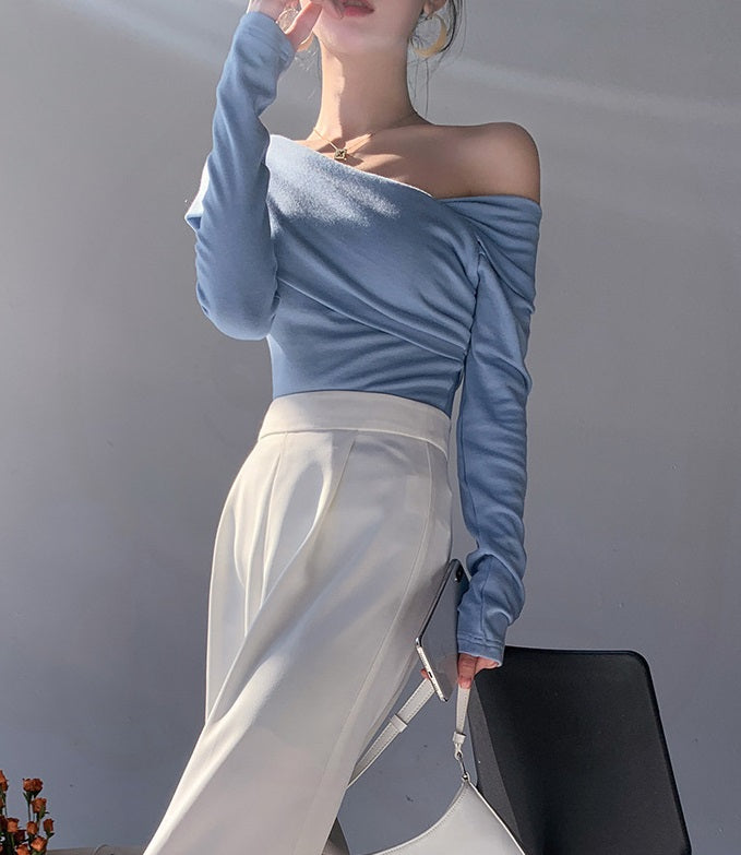 Blue Oblique Shoulder Top