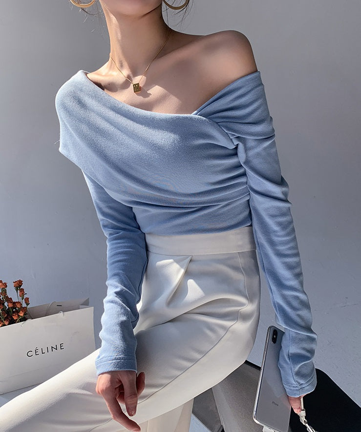 Blue Oblique Shoulder Top
