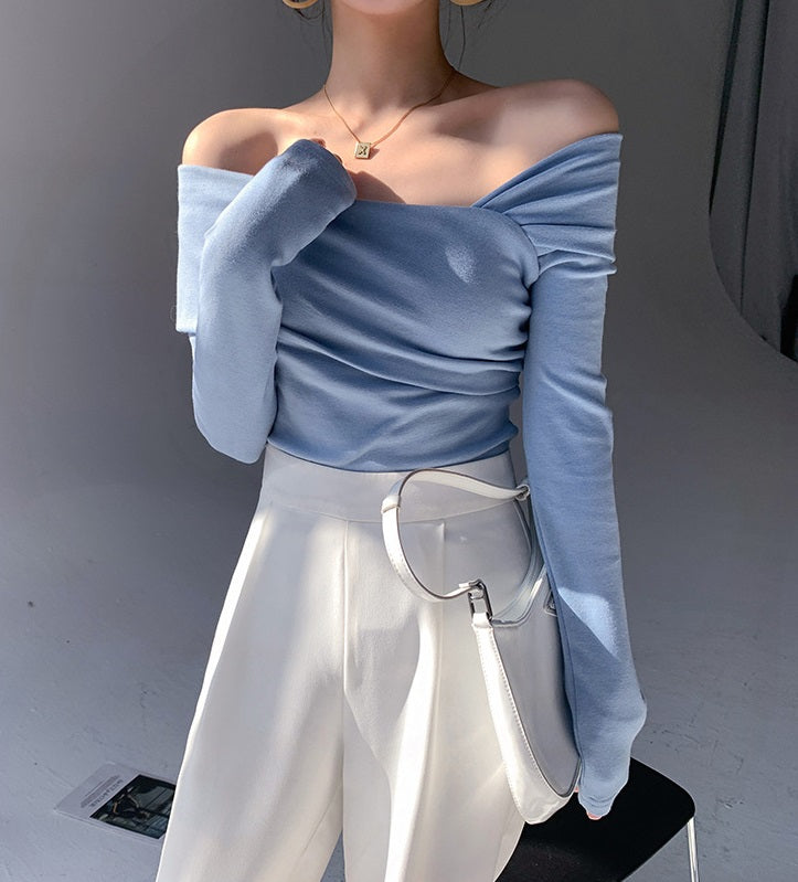 Blue Oblique Shoulder Top