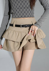 Khaki Brown Tiered Ruffles Mini Skirt