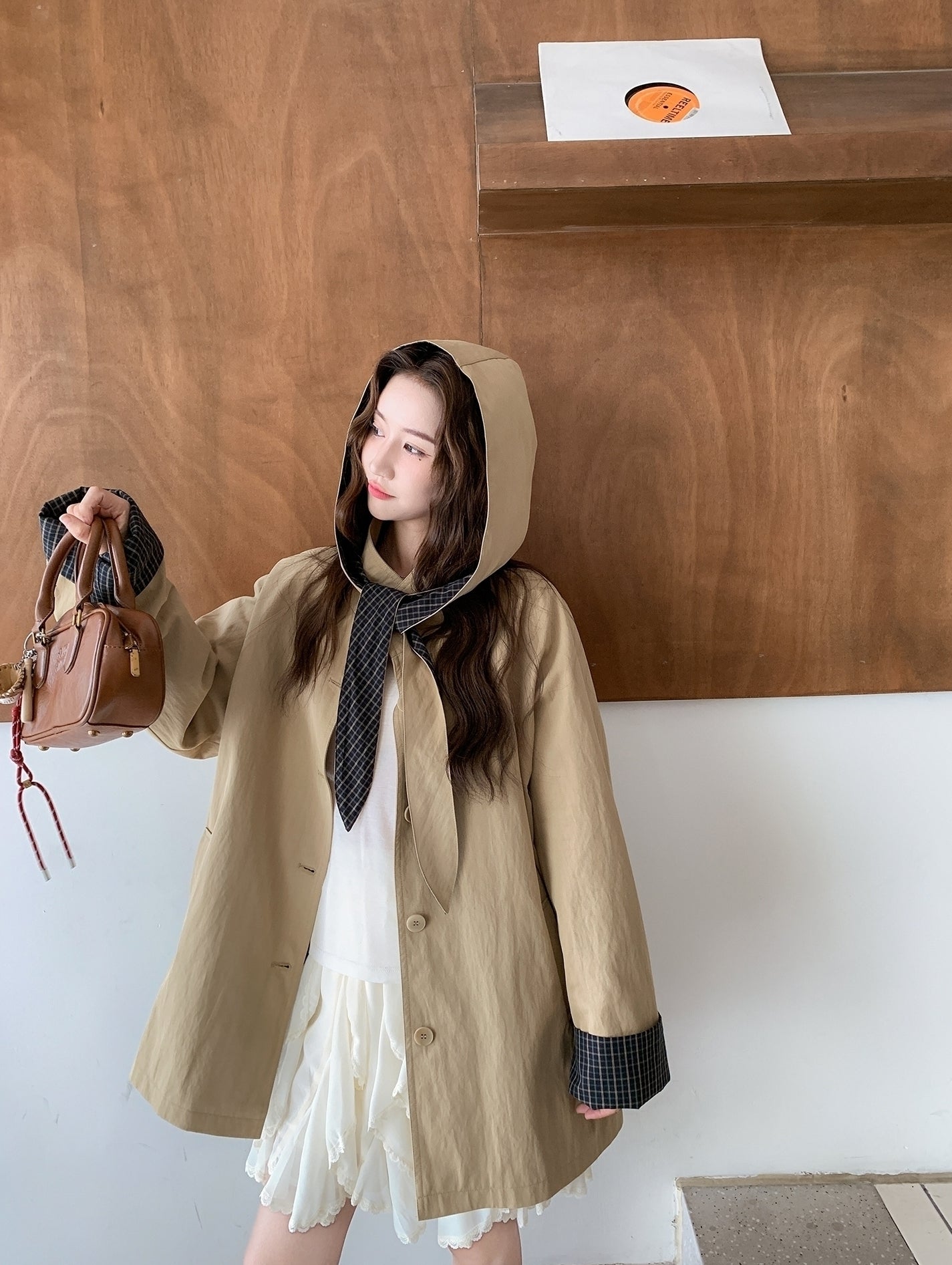 Khaki Casual Hooded Mid Length Loose Fit Trench