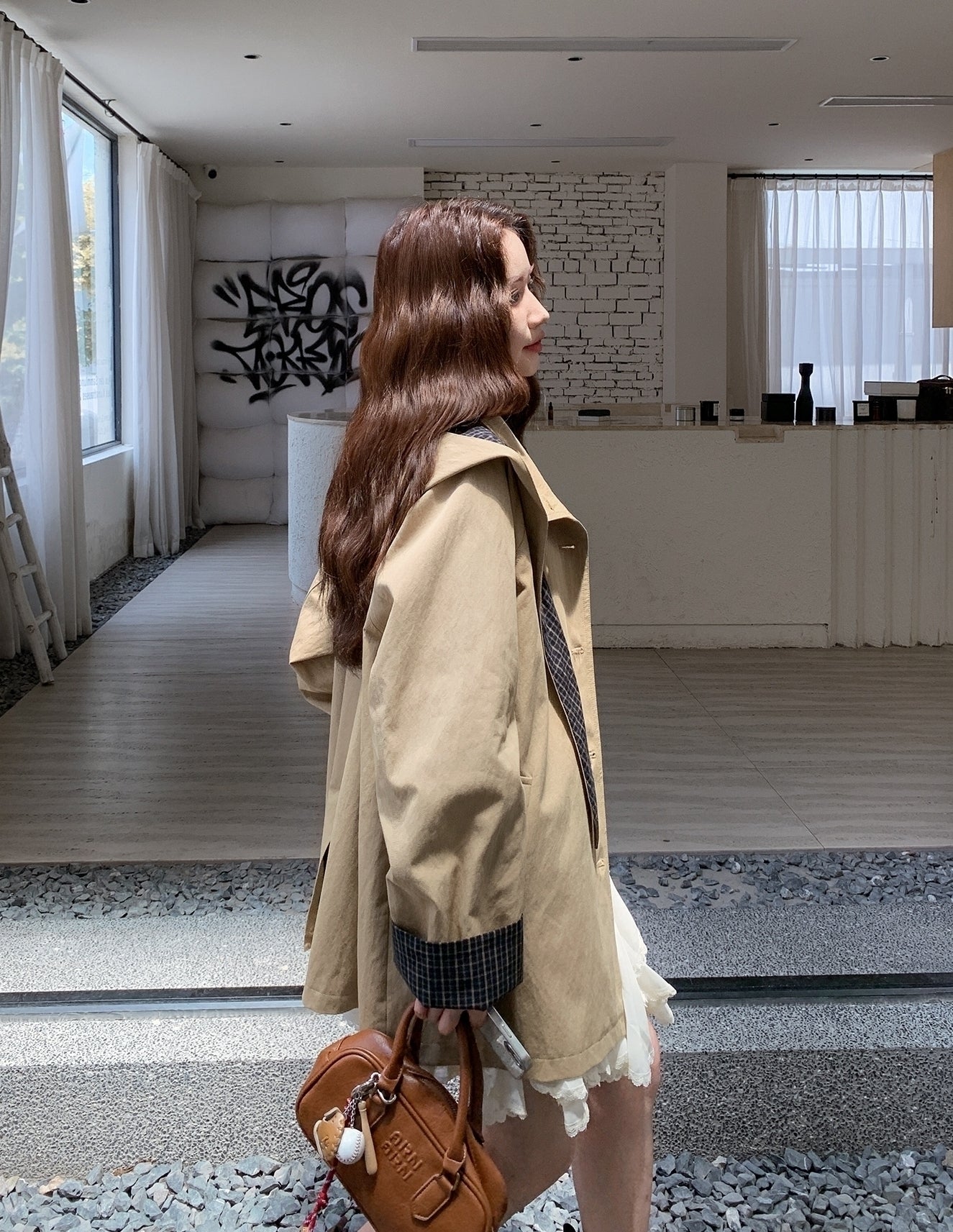 Khaki Casual Hooded Mid Length Loose Fit Trench