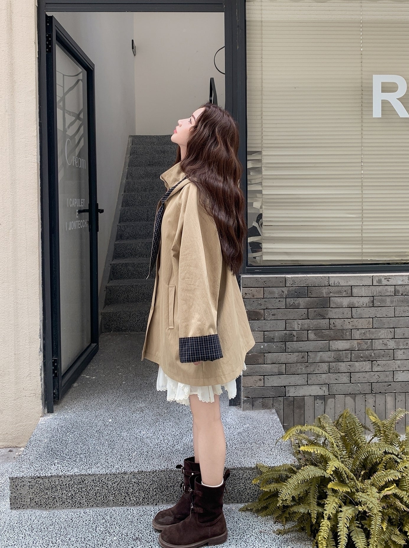 Khaki Casual Hooded Mid Length Loose Fit Trench