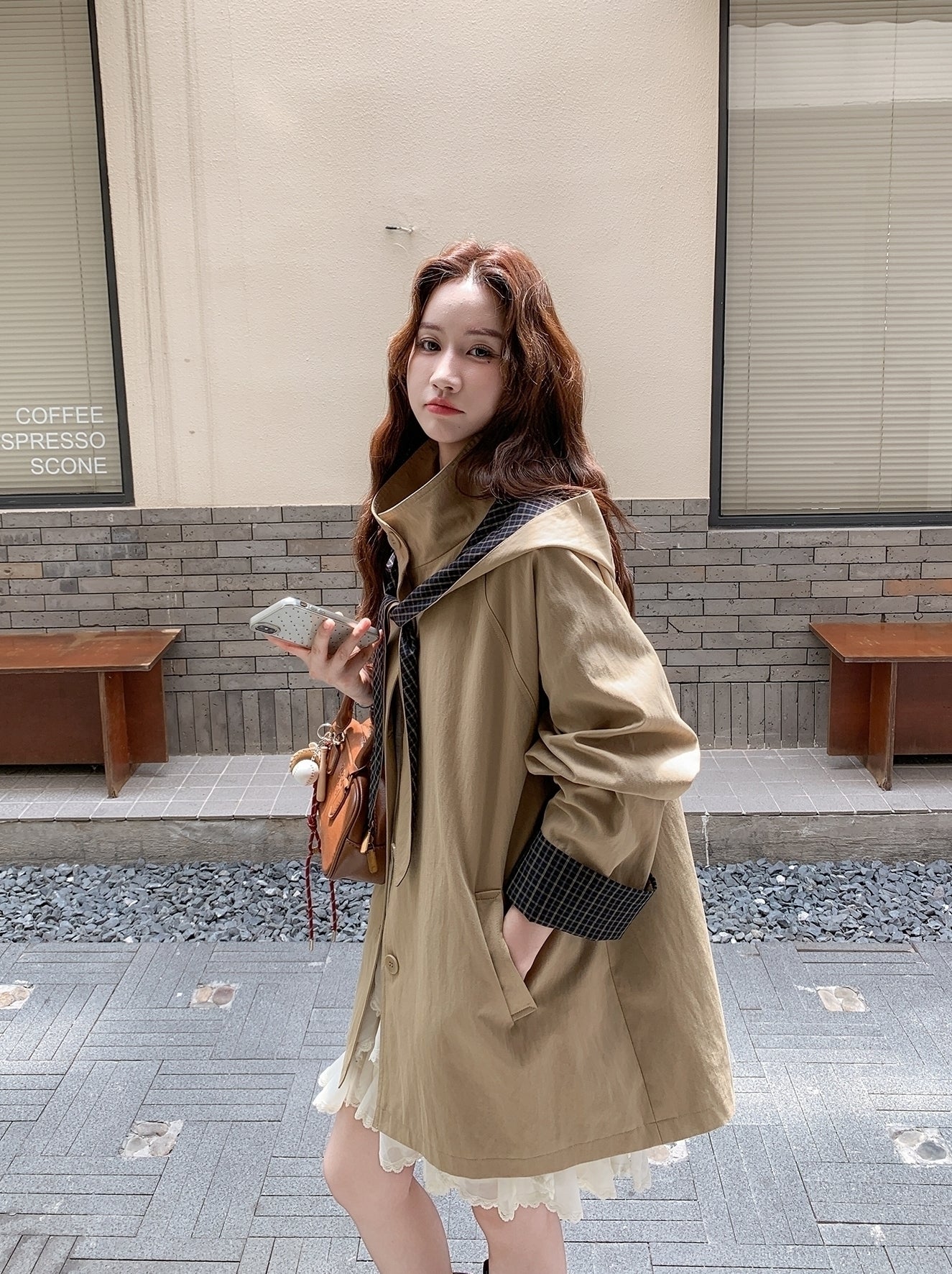 Khaki Casual Hooded Mid Length Loose Fit Trench