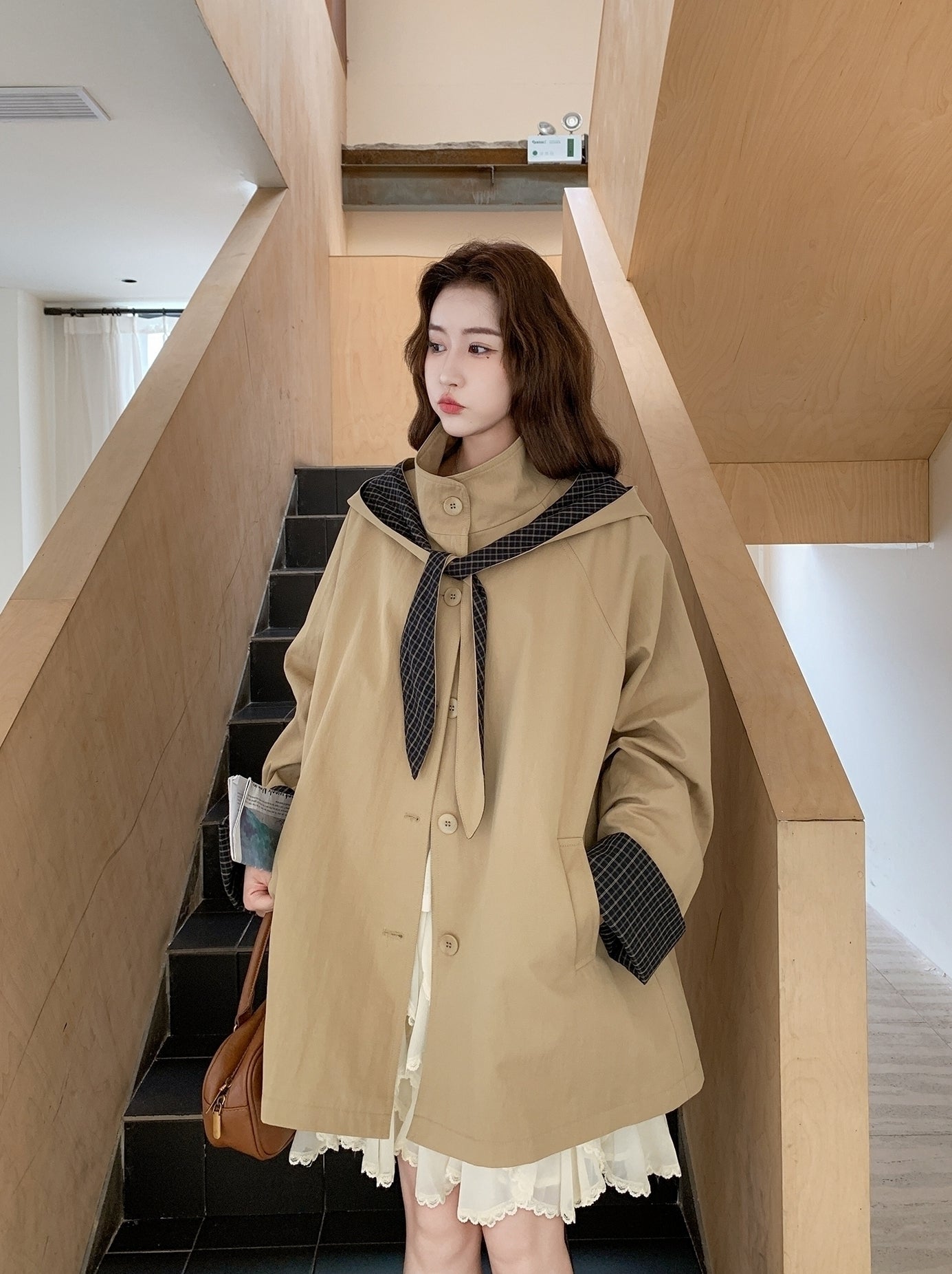 Khaki Casual Hooded Mid Length Loose Fit Trench