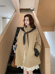Khaki Casual Hooded Mid Length Loose Fit Trench