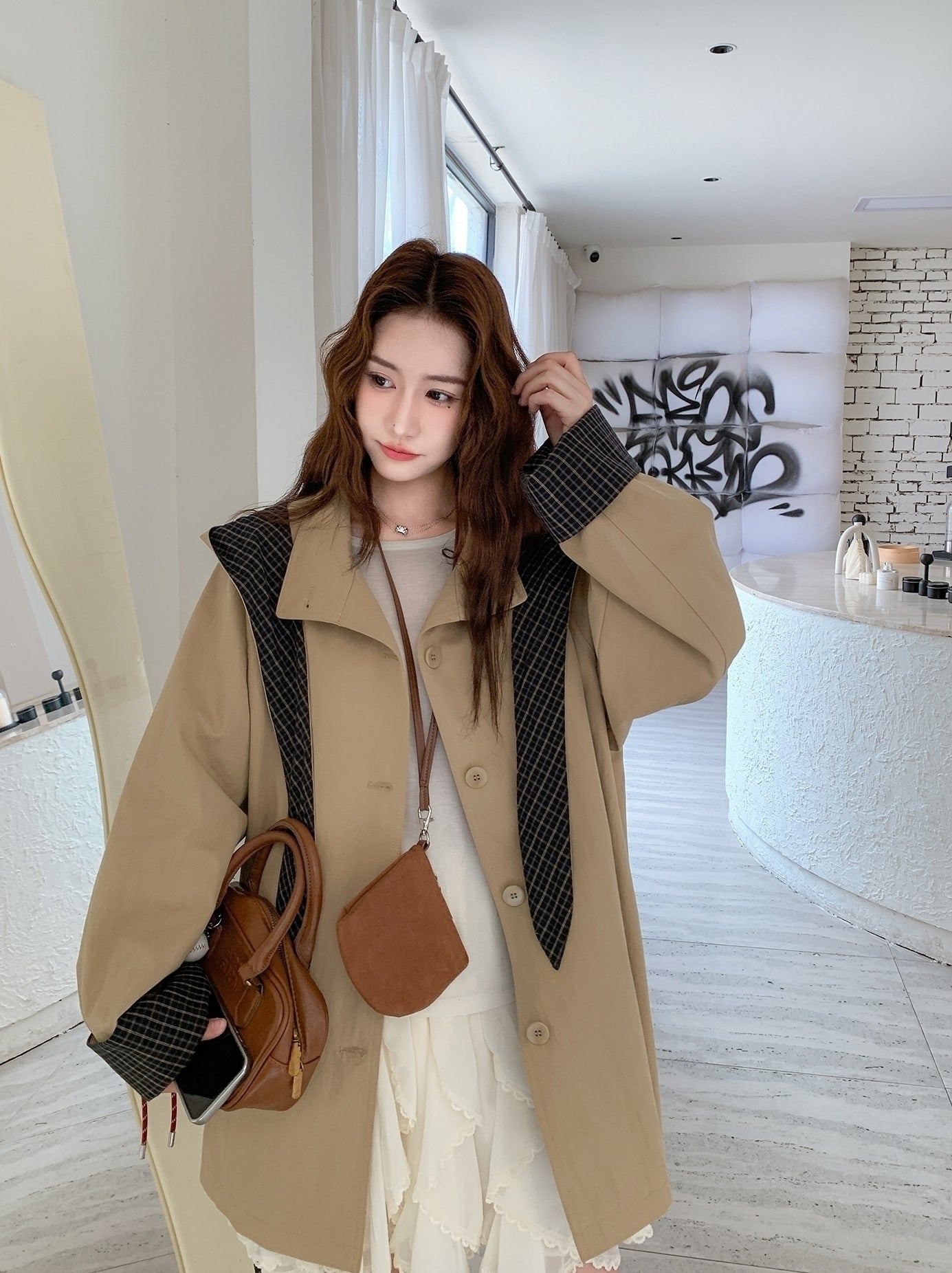 Khaki Casual Hooded Mid Length Loose Fit Trench