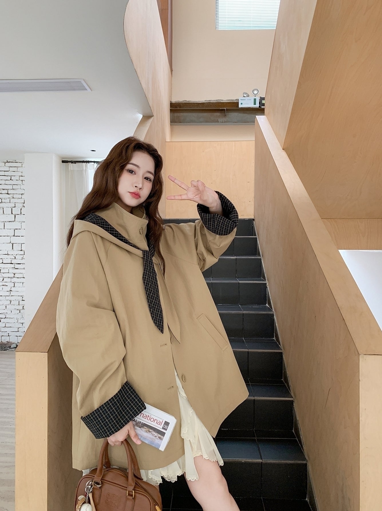 Khaki Casual Hooded Mid Length Loose Fit Trench