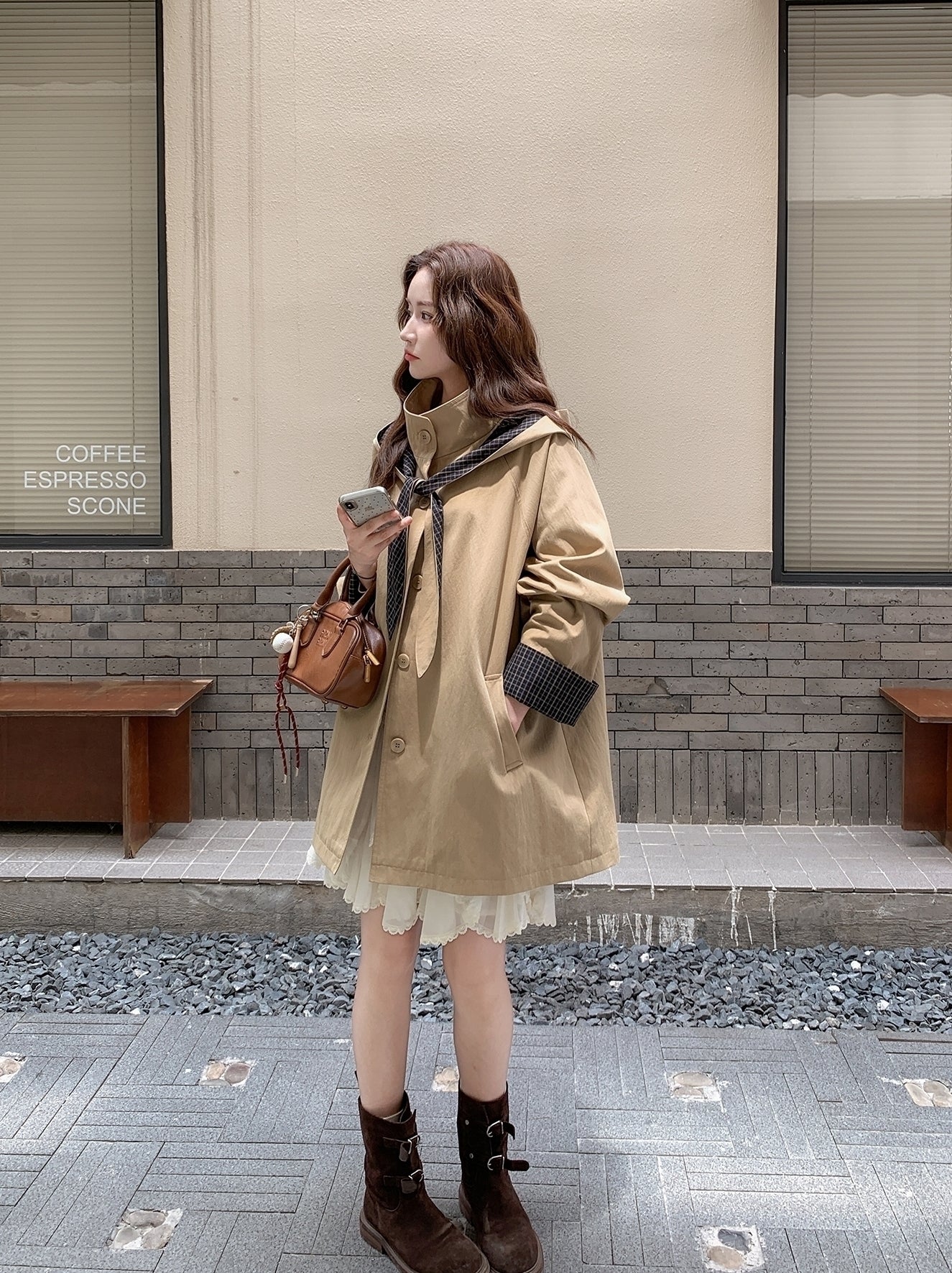 Khaki Casual Hooded Mid Length Loose Fit Trench