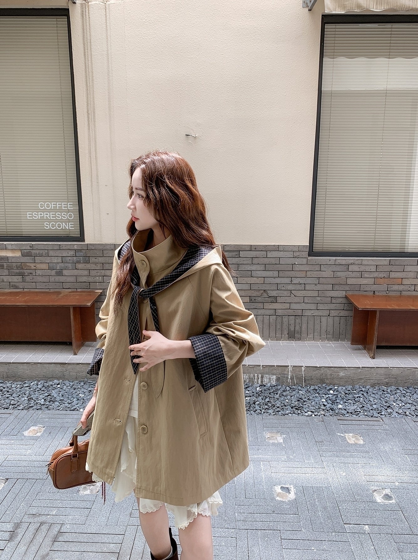 Khaki Casual Hooded Mid Length Loose Fit Trench