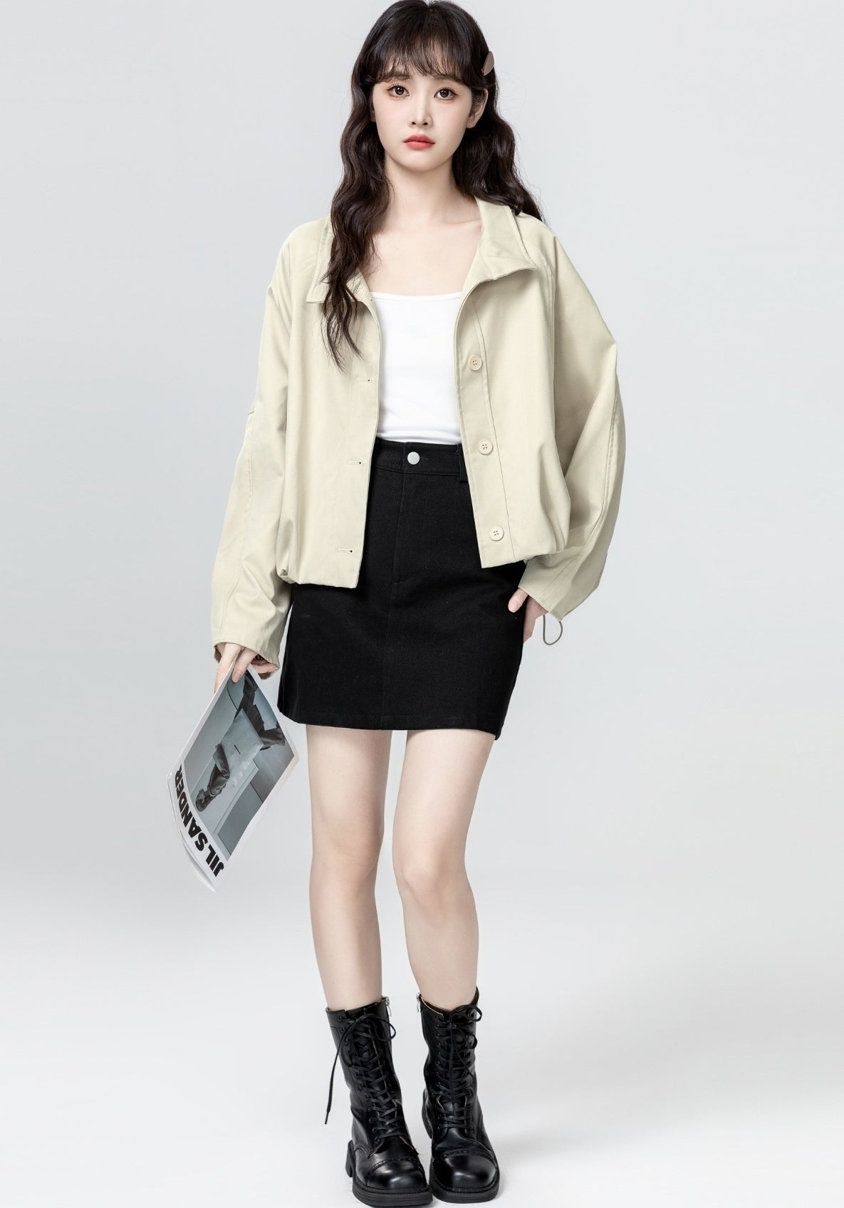 Khaki Casual Utility Jacket With Turn Down Collar