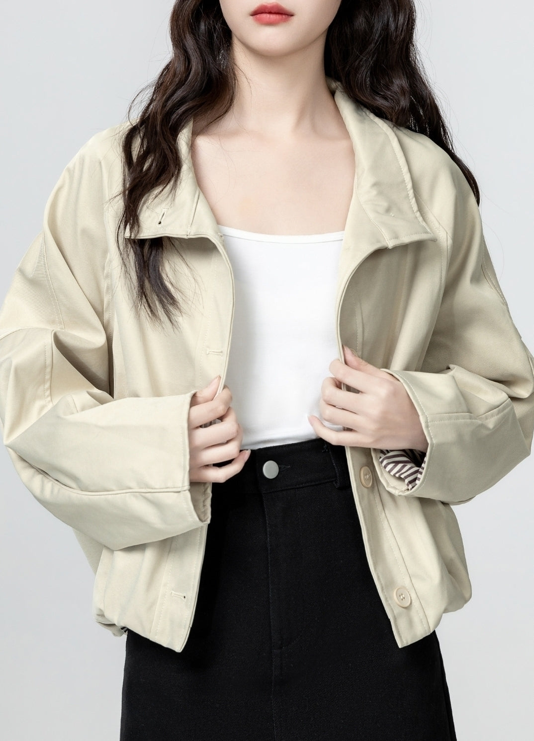 Khaki Casual Utility Jacket With Turn Down Collar