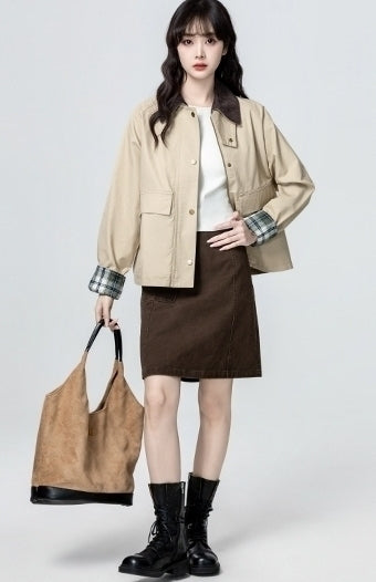 Khaki Plaid Patchwork Casual Jacket