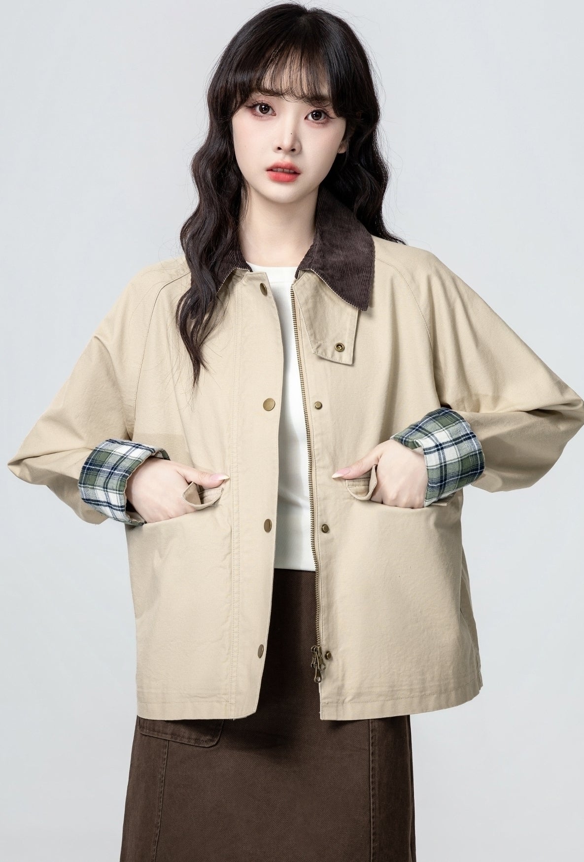 Khaki Plaid Patchwork Casual Jacket