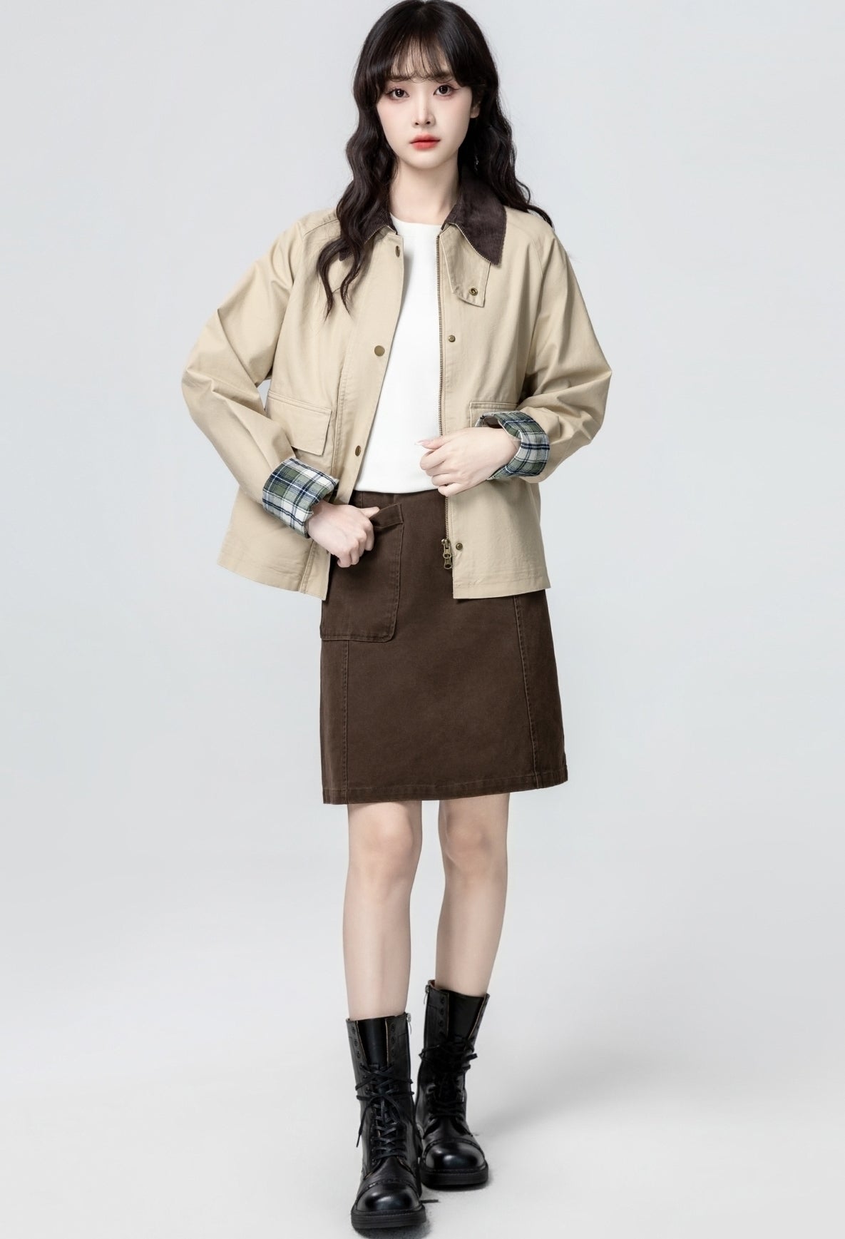 Khaki Plaid Patchwork Casual Jacket