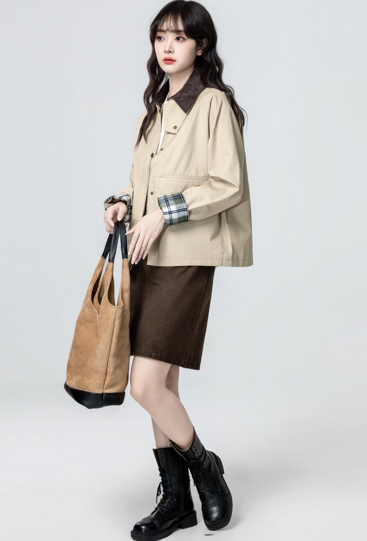 Khaki Plaid Patchwork Casual Jacket