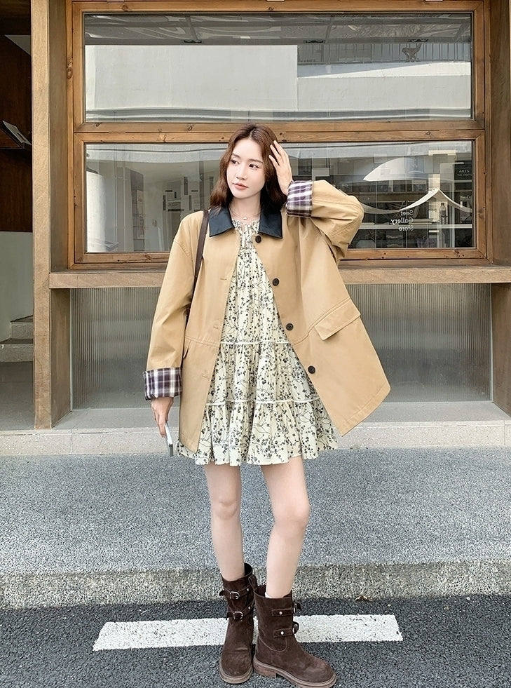 Khaki Plaid Patchwork Pu Leather Trench Coat
