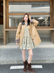 Khaki Plaid Patchwork Pu Leather Trench Coat