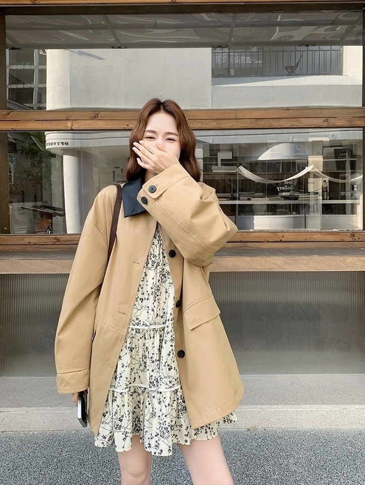 Khaki Plaid Patchwork Pu Leather Trench Coat