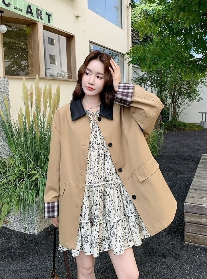 Khaki Plaid Patchwork Pu Leather Trench Coat